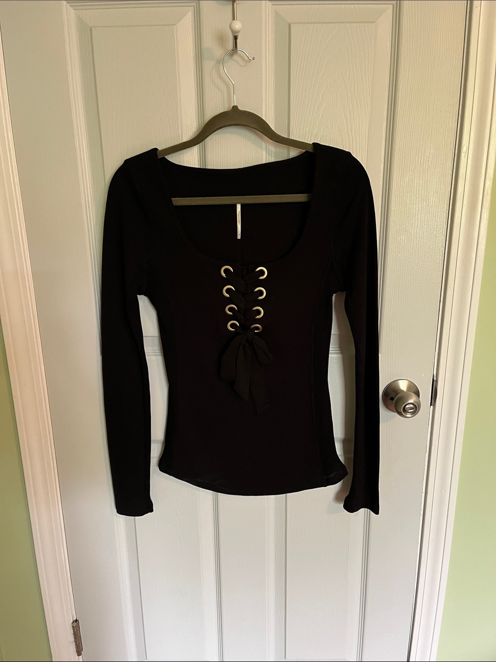 Free People Black Lace-Up Long Sleeve Scoop Top with Gold Eyelets